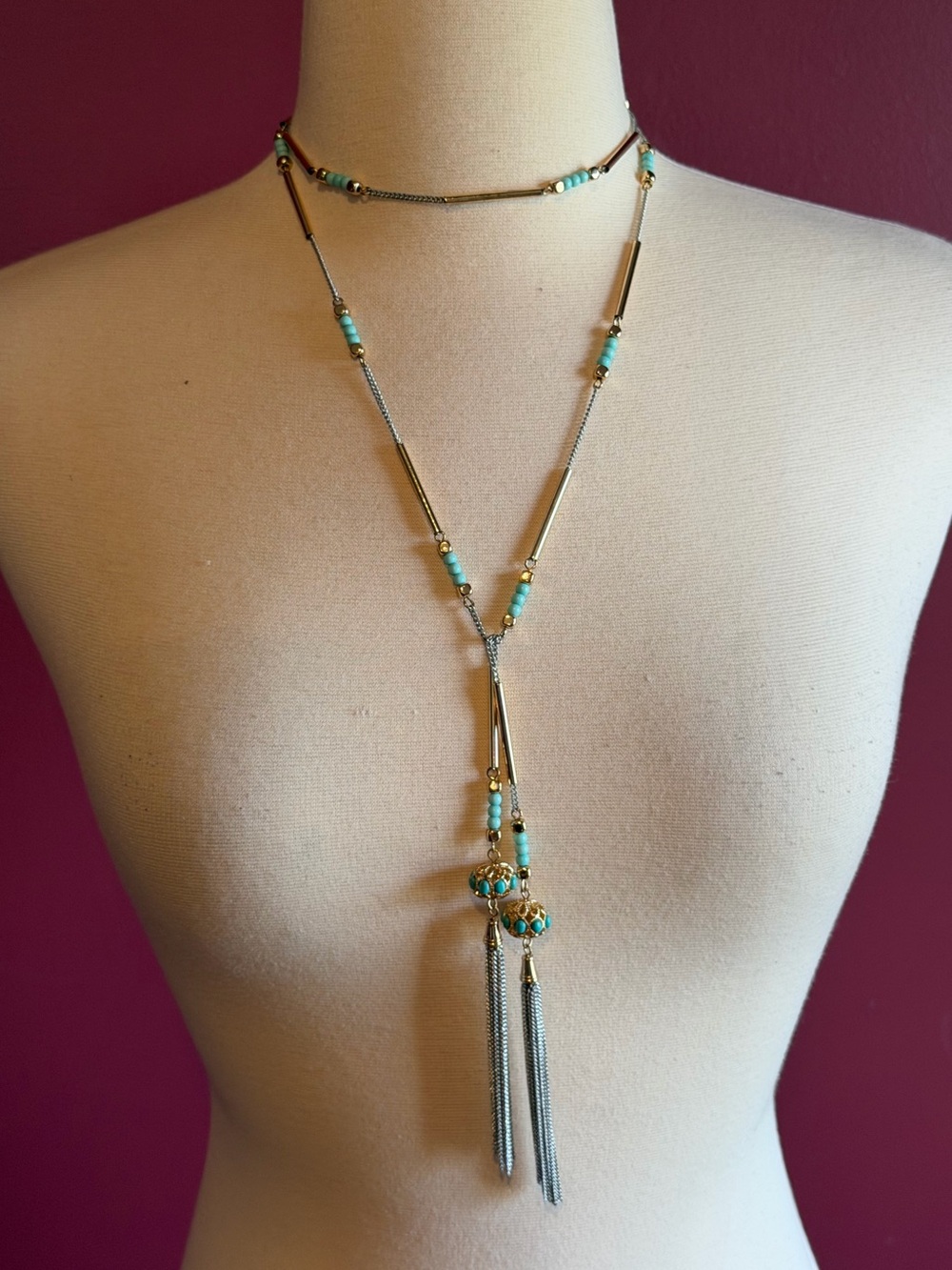 Gold & Turquoise Bead Y-Necklace - Women Jewelry
